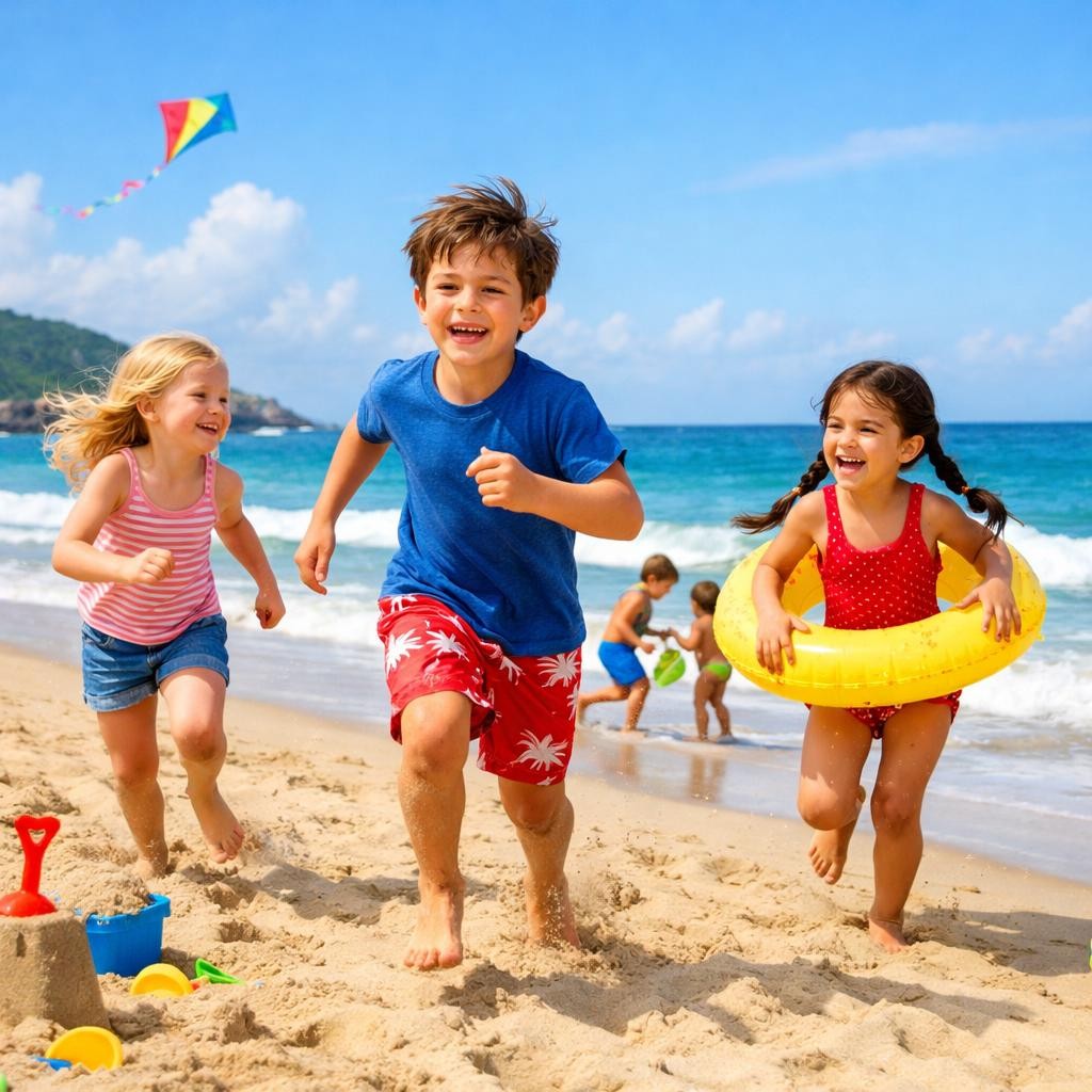 Three children running and playing on sandy beach near ocean