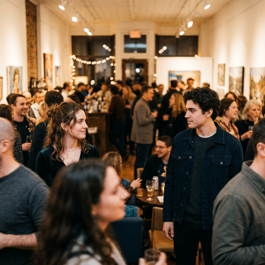 People socializing in a brightly lit, busy art gallery with paintings on the walls